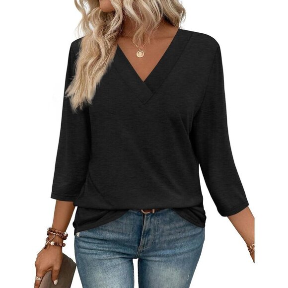Tops - Womens V Neck Casual Tunic Top 3/4 Sleeve Loose Fit Blouse Black X-Large